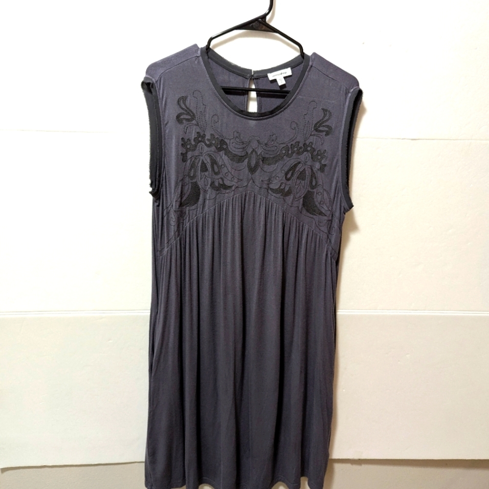 Charcoal Grey Sleeveless Babydoll Dress With Embroidered Bodice Size M